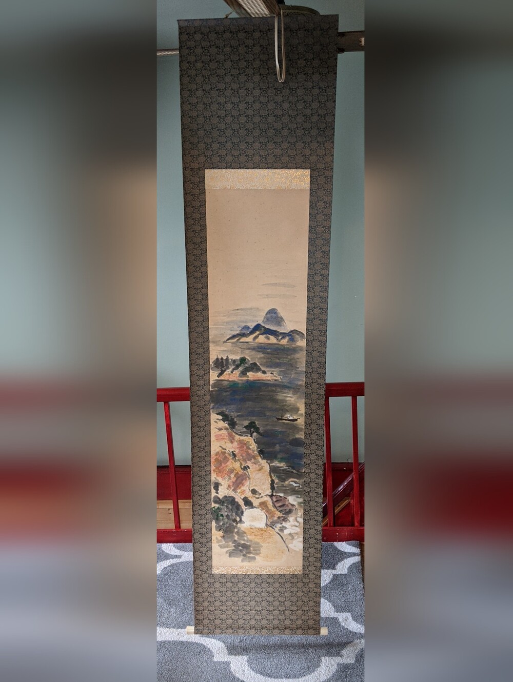 Vintage Japanese scroll painting with mountains and boat wall hanging